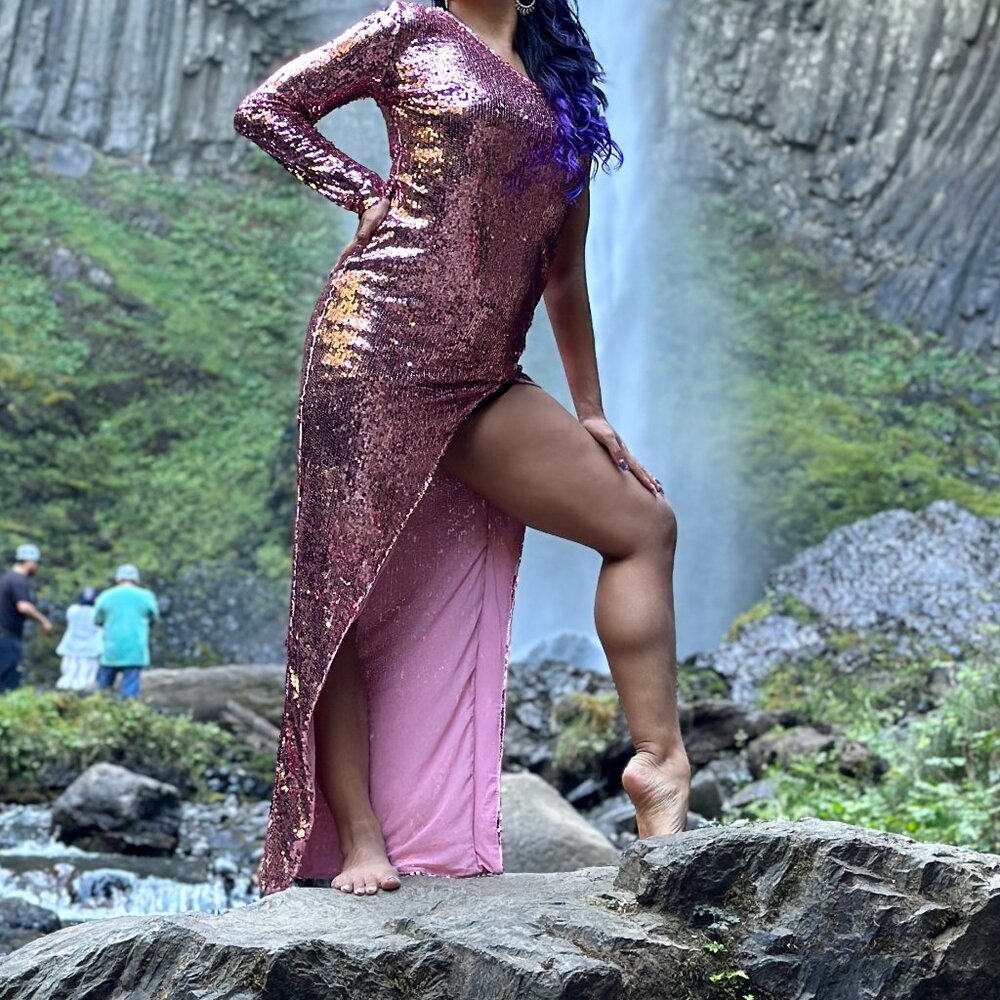 Fashionnova pink sequin maxi dress with slit and asymmetrical neckline